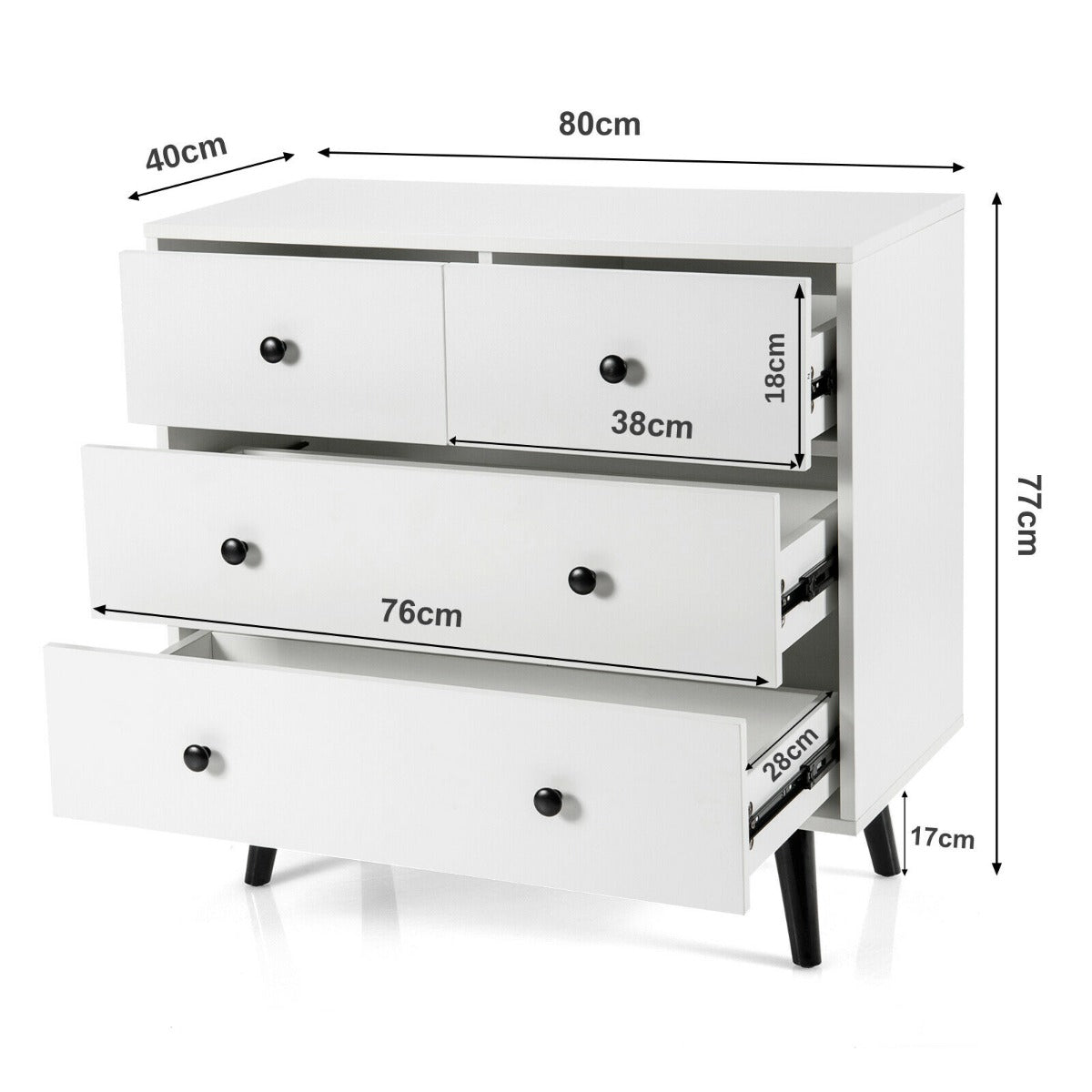 4 Drawer Chest Storage Dresser with Inclined Legs and Metal Handles