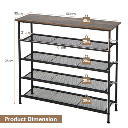 5-Tier Shoe Storage Rack with Metal Mesh Shelves and Wooden Top-Brown