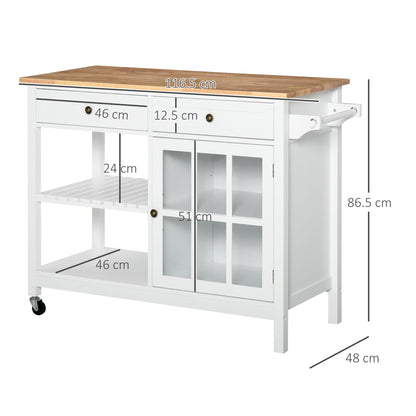 HOMCOM Modern Kitchen Island on Wheels, Kitchen Trolley Storage Cart with 2 Drawers, Cabinet, Towel Rack, Rubber Wood Top for Dining Room, White