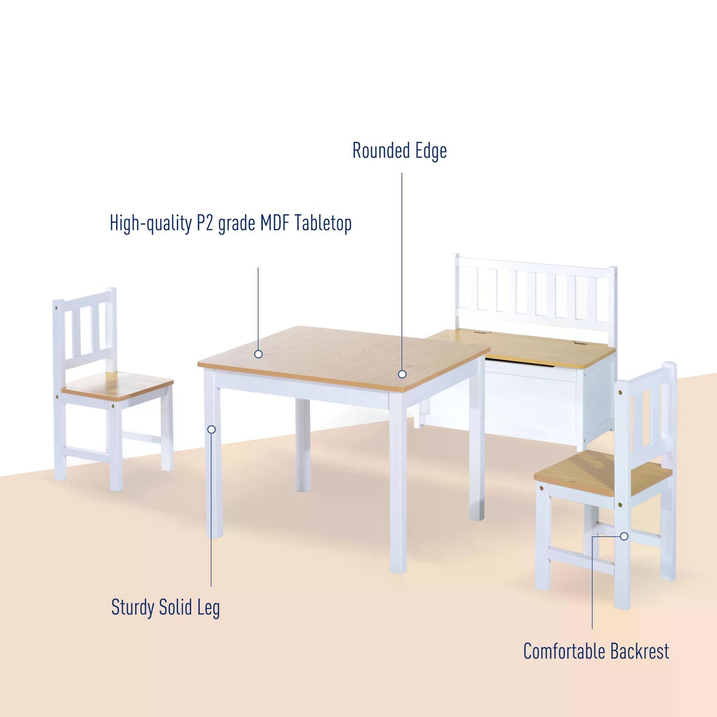 HOMCOM Pine Wood Kids 4 Pc Furniture Set-Oak/White