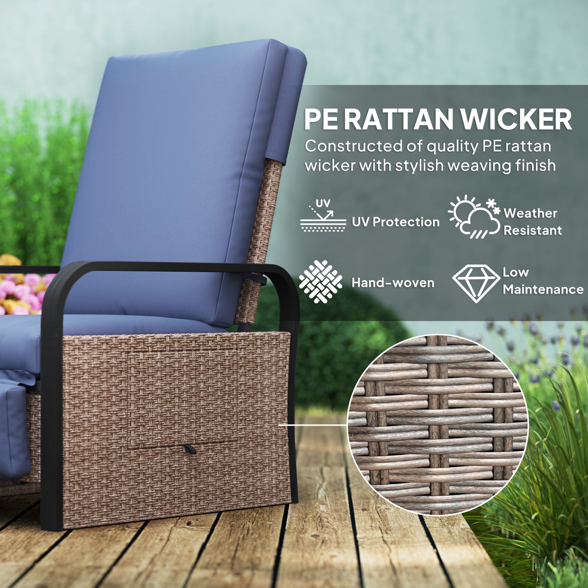 Outsunny 140° Reclining Rattan Armchair - Brown/Blue