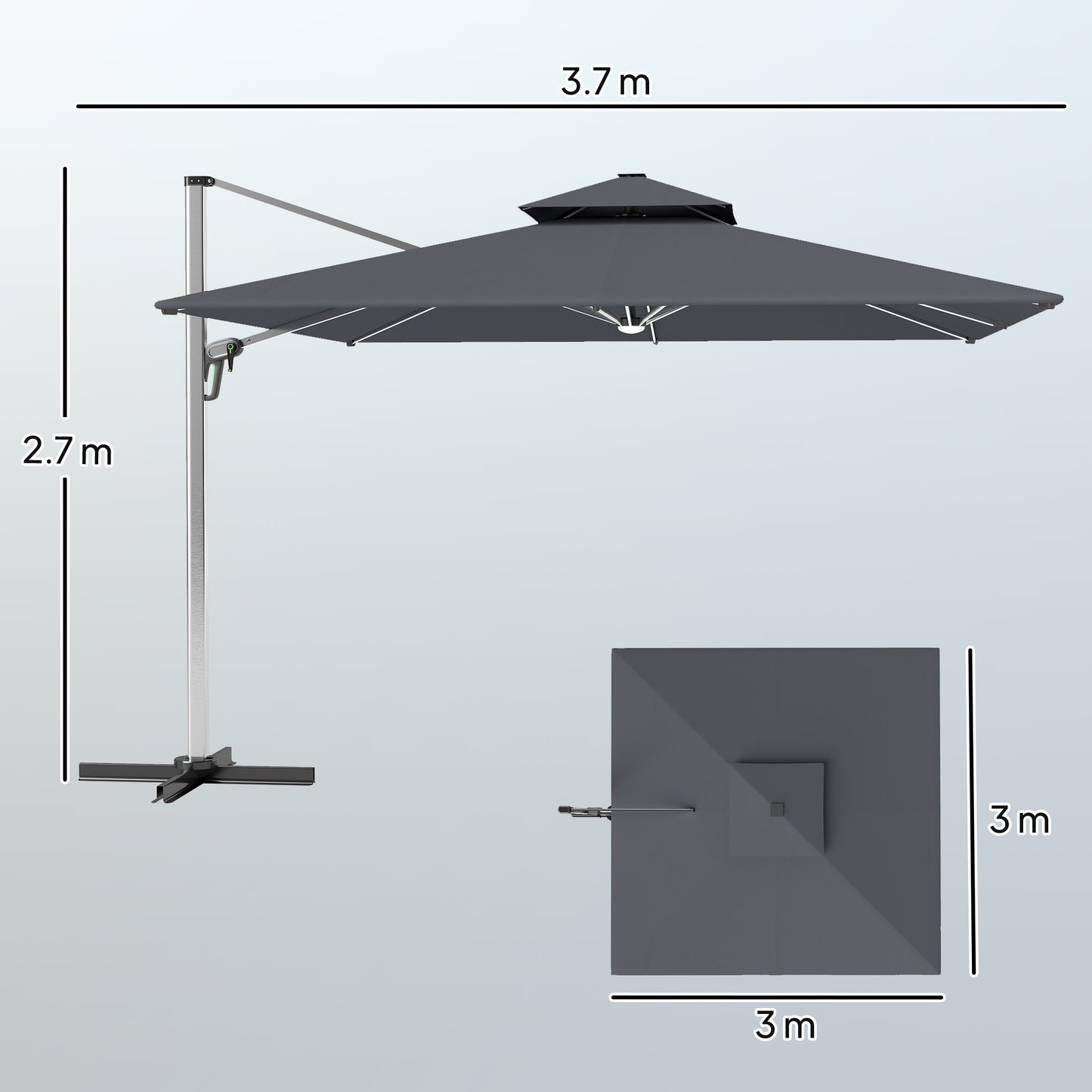 Outsunny 3(m) Garden Cantilever Parasol with Solar LED Lights, Cross Base, 360° Rotation, Crank Handle and Tilt, Grey