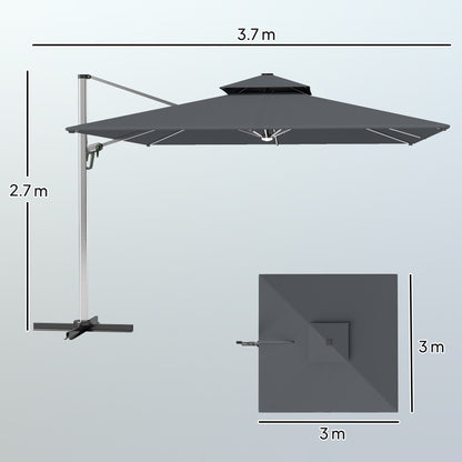 Outsunny 3(m) Garden Cantilever Parasol with Solar LED Lights, Cross Base, 360° Rotation, Crank Handle and Tilt, Grey