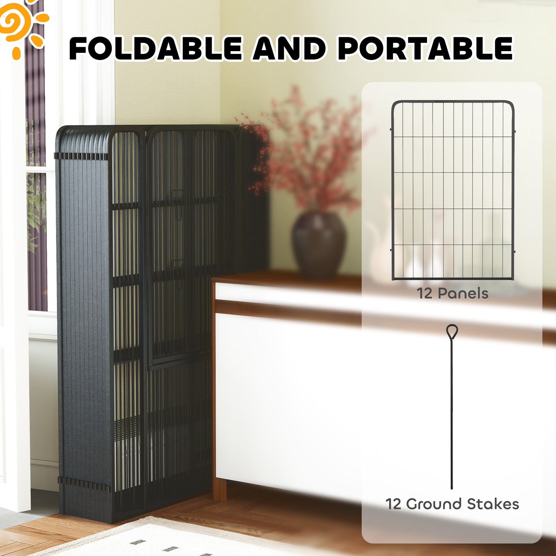 PawHut 12-Panel Solid Dog Playpen with Doors, for Large Dogs, 100cm Tall, Black