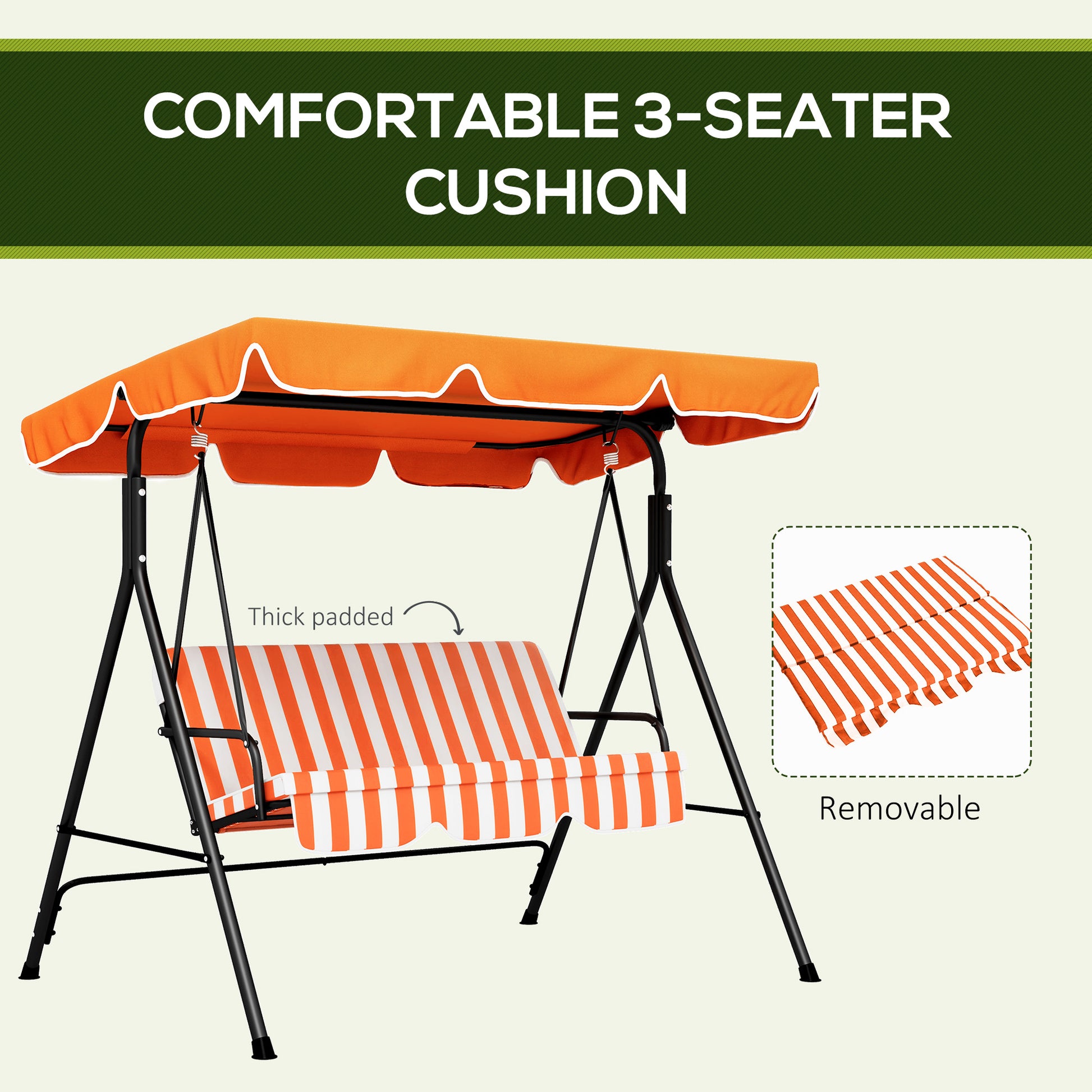 Outsunny 3 Seater Garden Swing Chair, Outdoor Swing Chair with Adjustable Canopy, Mental Frame & Cushions, Orange