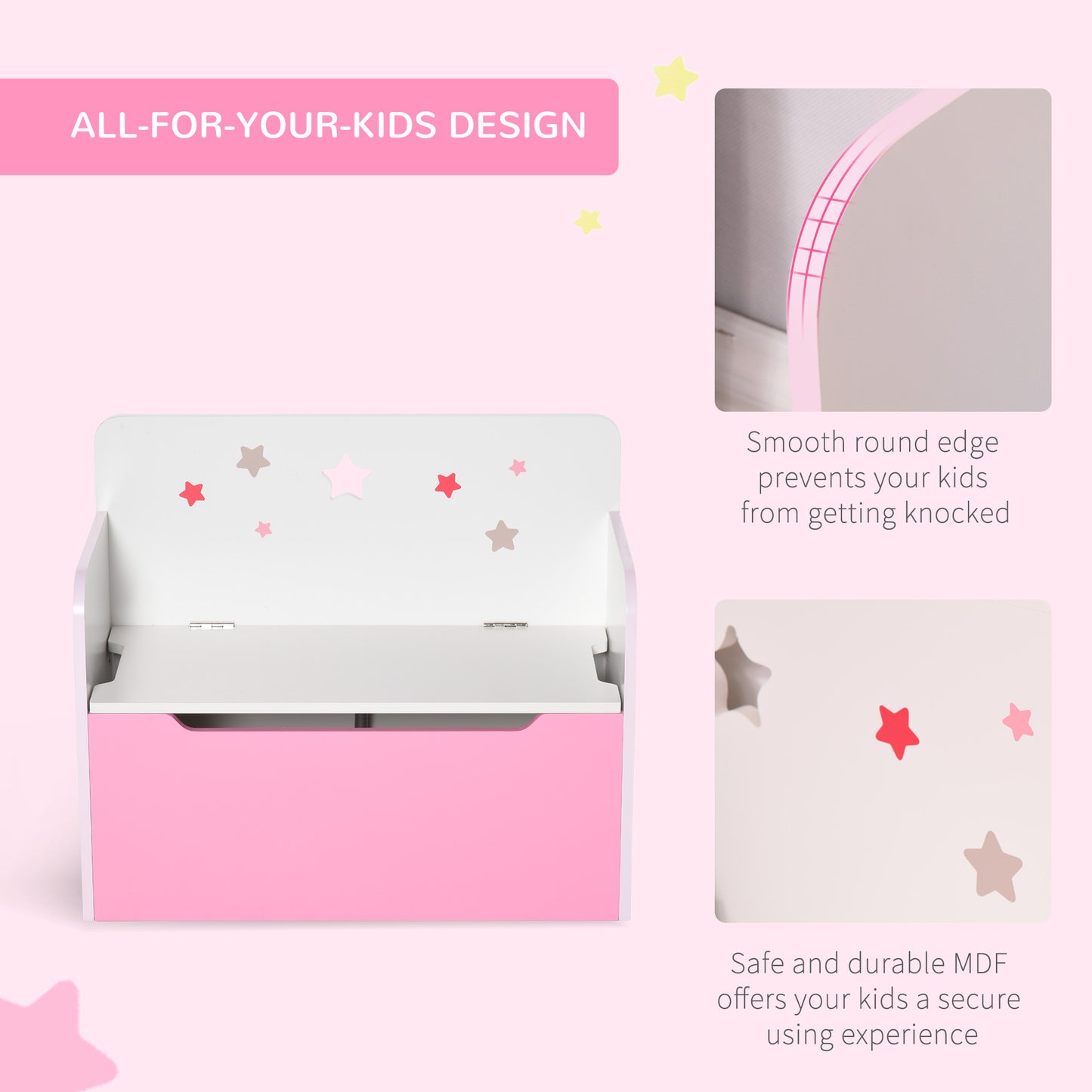 HOMCOM Kids Wooden Toy Storage Chest Chair 2 in 1 Design with Gas Stay Bar Safety Hinges Lid 60 x 30 x 50cm Pink