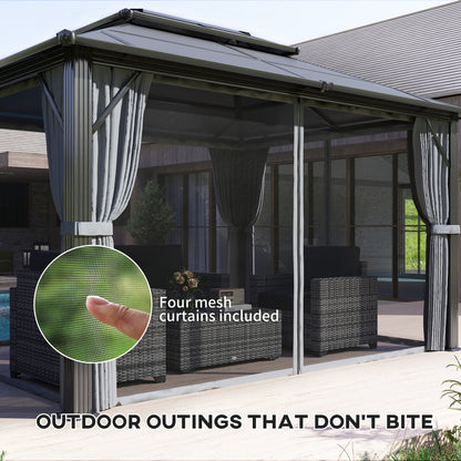 Outsunny 3 x 4m Hardtop Gazebo Canopy with UPF30+ Double Polycarbonate Roof, Aluminium Frame Garden Gazebo Permanent Pavilion with Mosquito Netting and Curtains for Patio, Deck, Grey