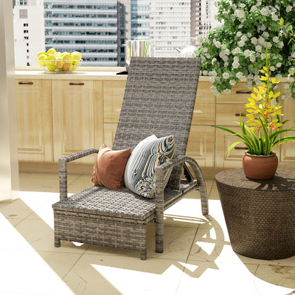 Outsunny Reclining Rattan Lounger, with Extending Footrest - Grey