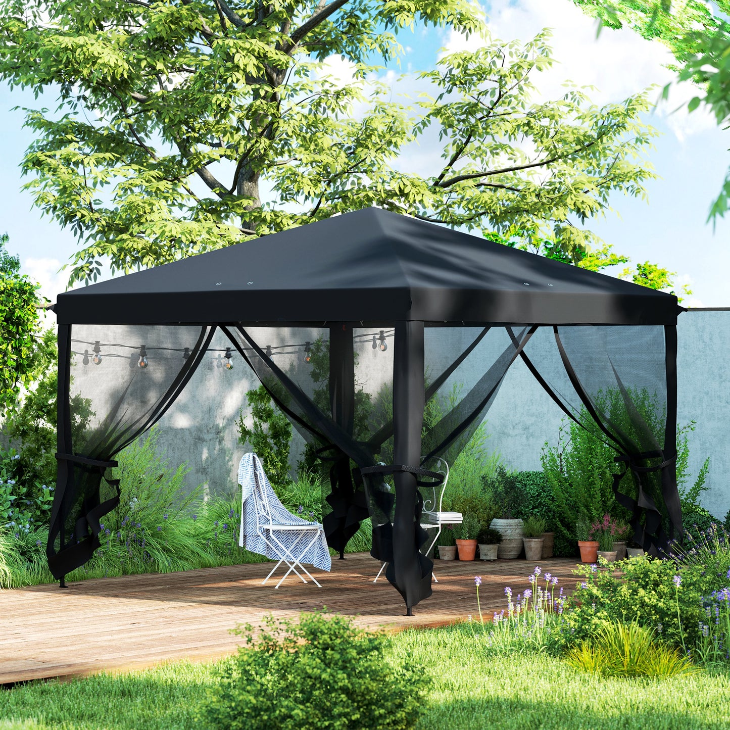 Outsunny 3 x 3 m Pop Up Gazebo, 420D Garden Tent Canopy with Removable Mesh Sidewall Netting, Carry Bag for Garden Patio Outdoor, Black