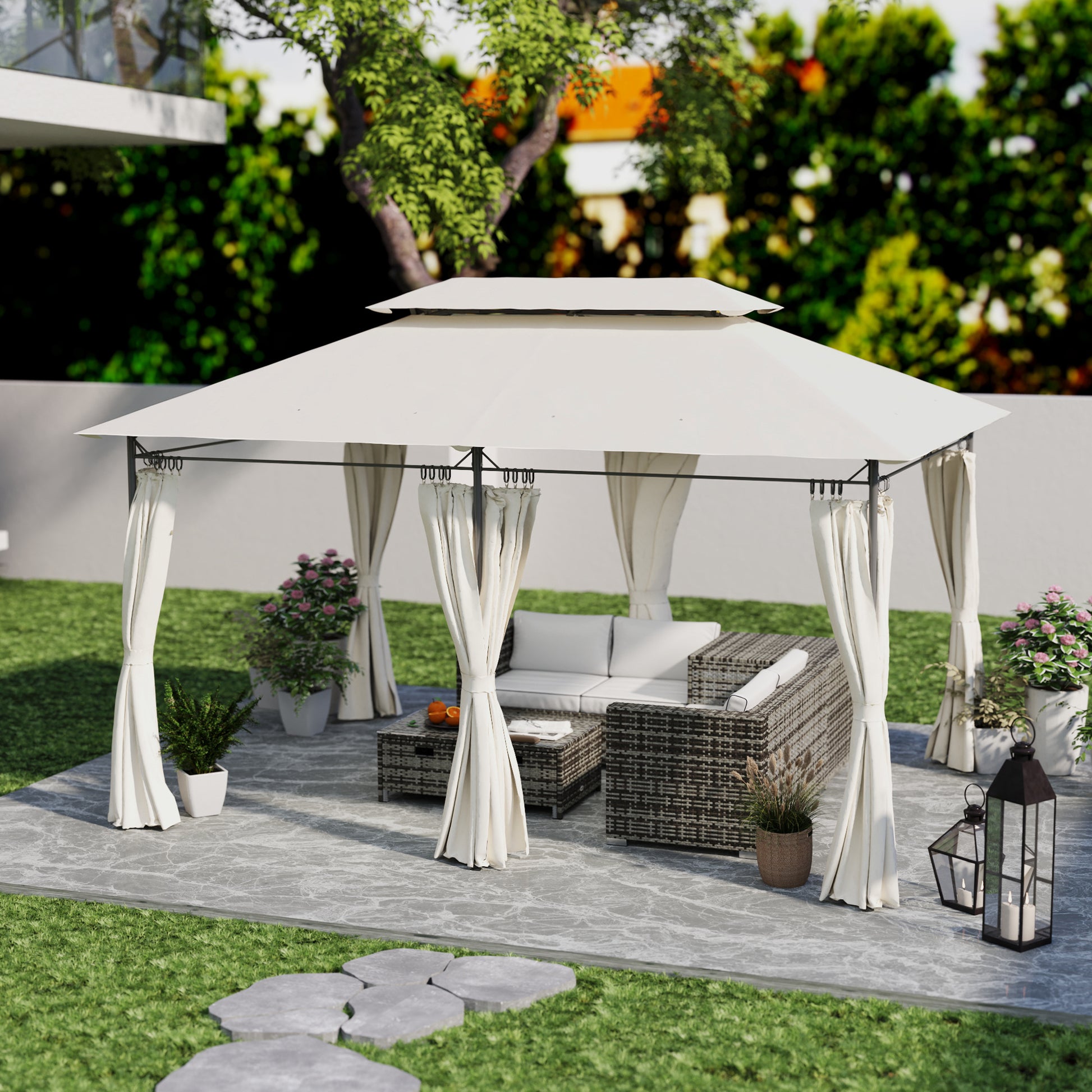 Outsunny 3 x 4m Metal Frame, Two-Tier Roof Gazebo - Cream White