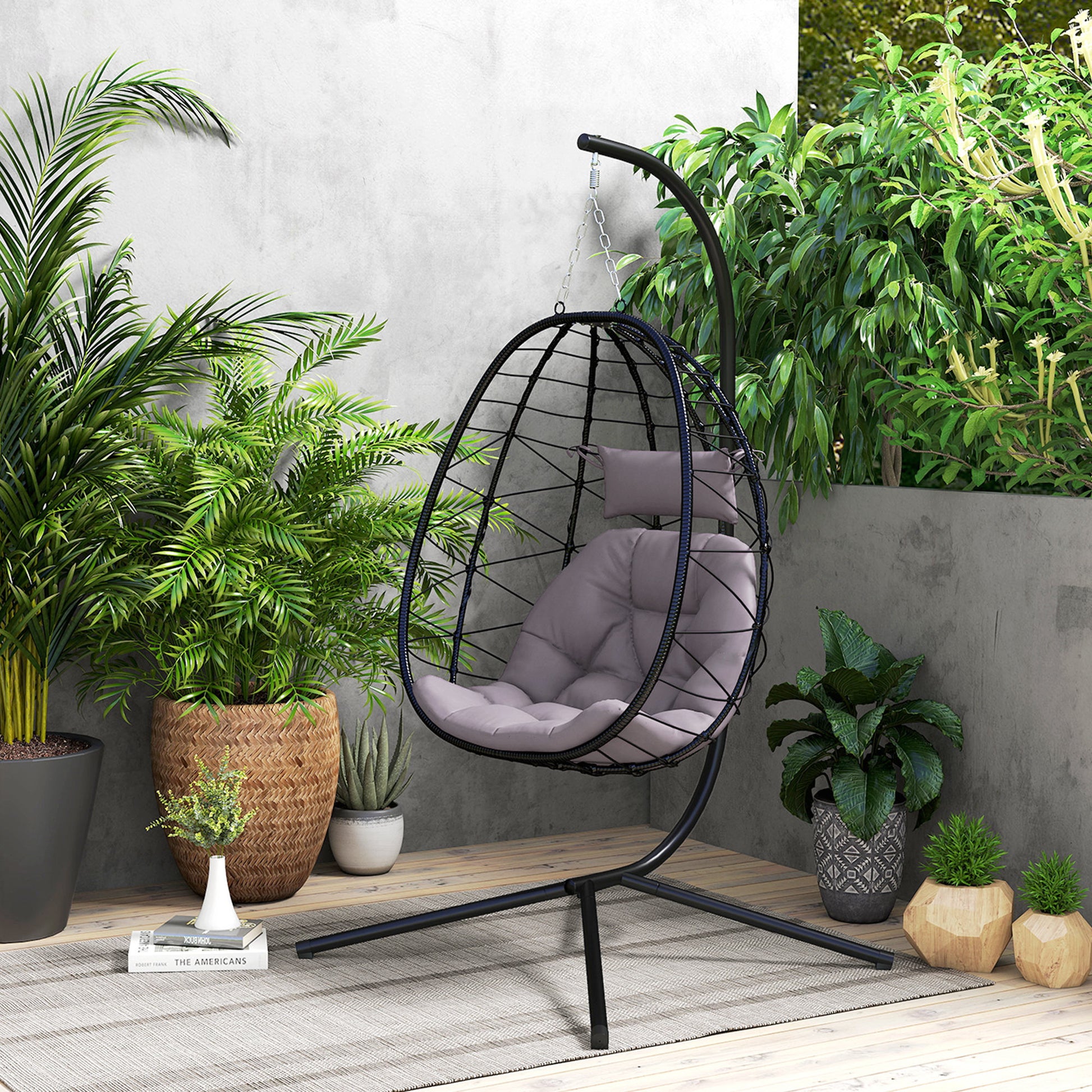 Outsunny Hanging Egg Chair Outdoor Indoor Garden Swing Chair with Folding Basket, Thickened Cushion, Garden Hanging Chair with Stand, Headrest for Patio, Balcony, Grey