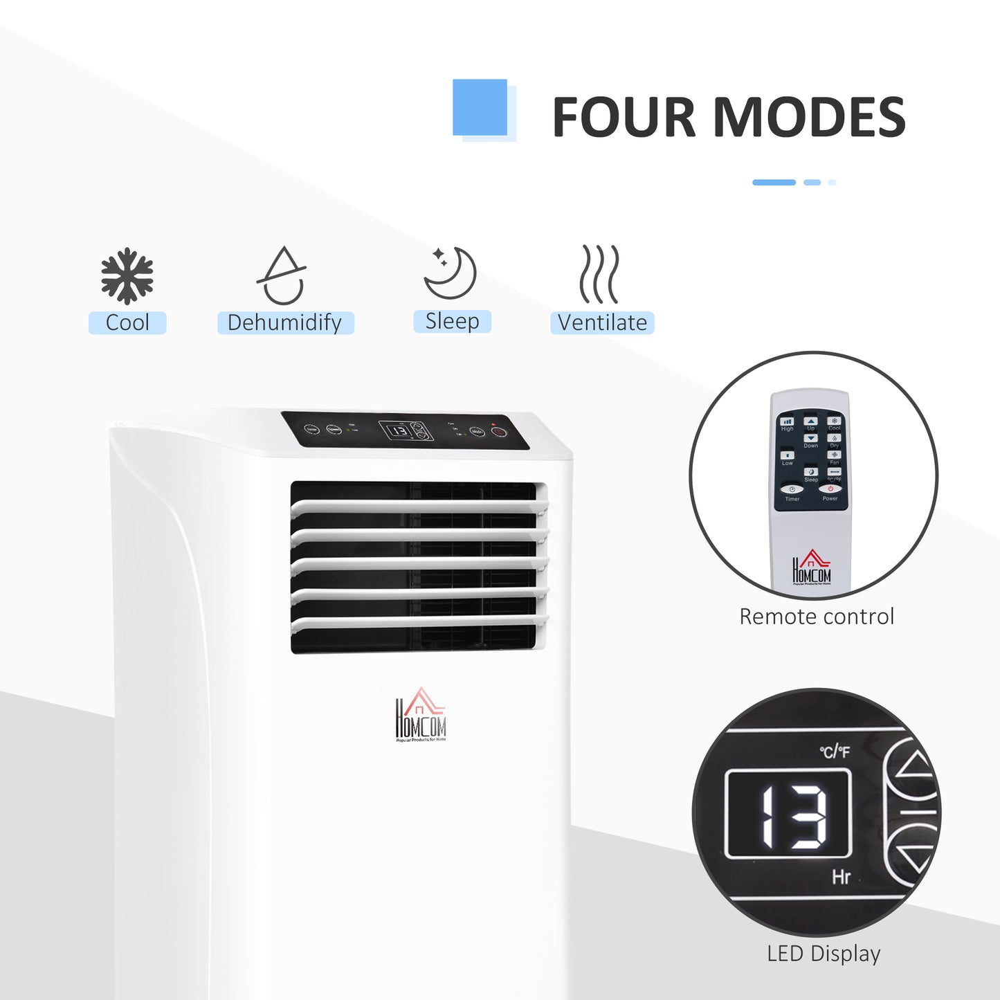 HOMCOM Mobile Air Conditioner with Remote Control, Timer, Cooling Dehumidifying Ventilating, LED Display White - 1080W