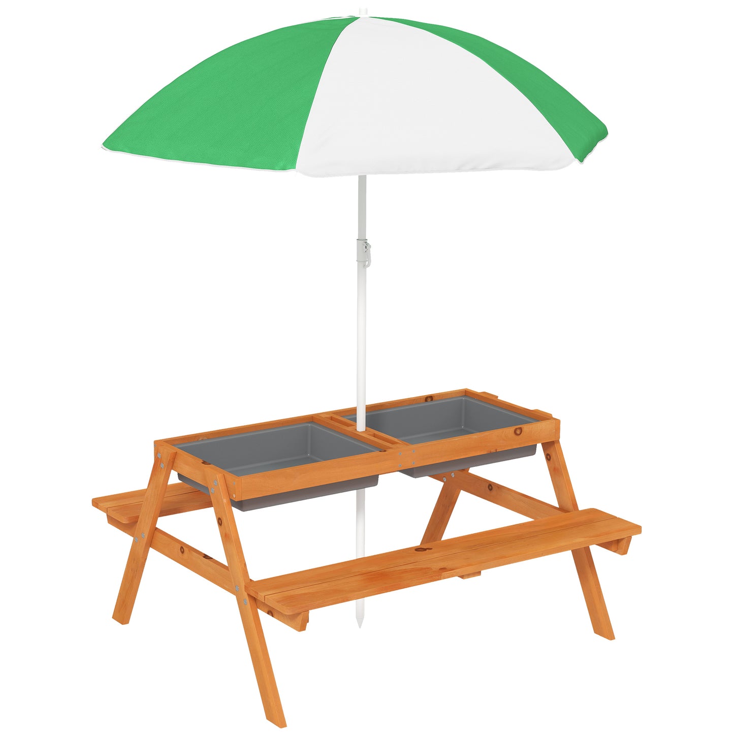 Outsunny Kids Picnic Table with Benches, Wooden Sand and Water Table, Adjustable Parasol, Storage Bins, for Kids 3-6 Years, Brown