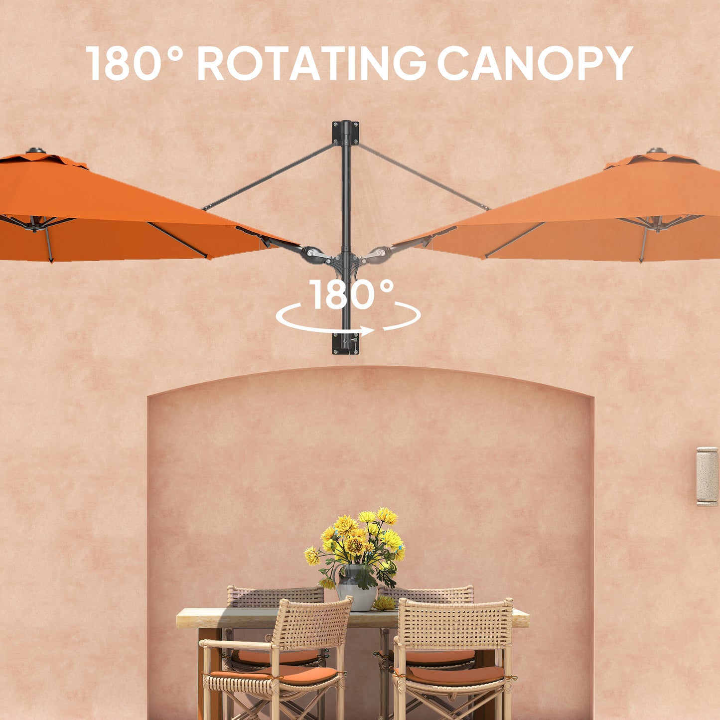 Outsunny 3(m) Wall-Mounted Parasol Shade, with Handle - Orange
