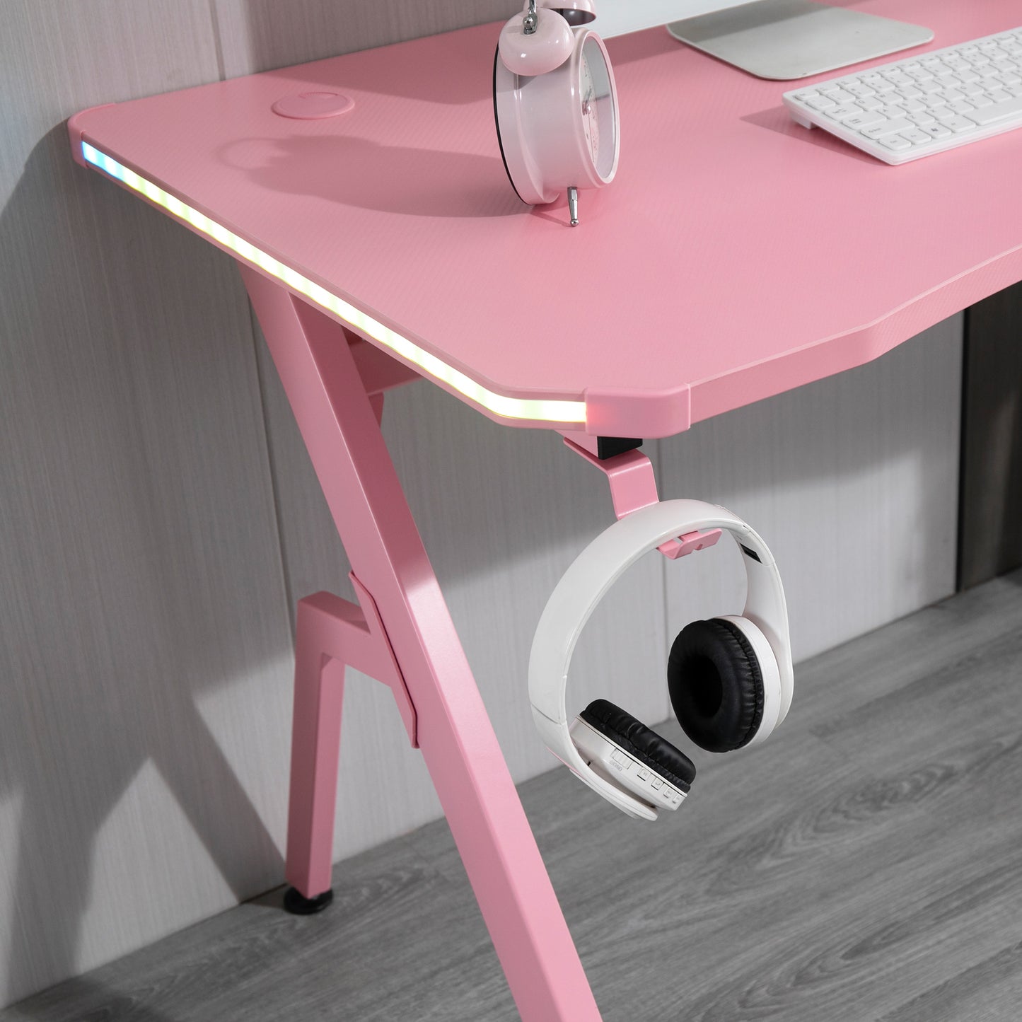 HOMCOM Gaming Desk Racing Style Home Office Ergonomic Computer Table Workstation with RGB LED Lights, Controller Rack & Cable Management, Pink