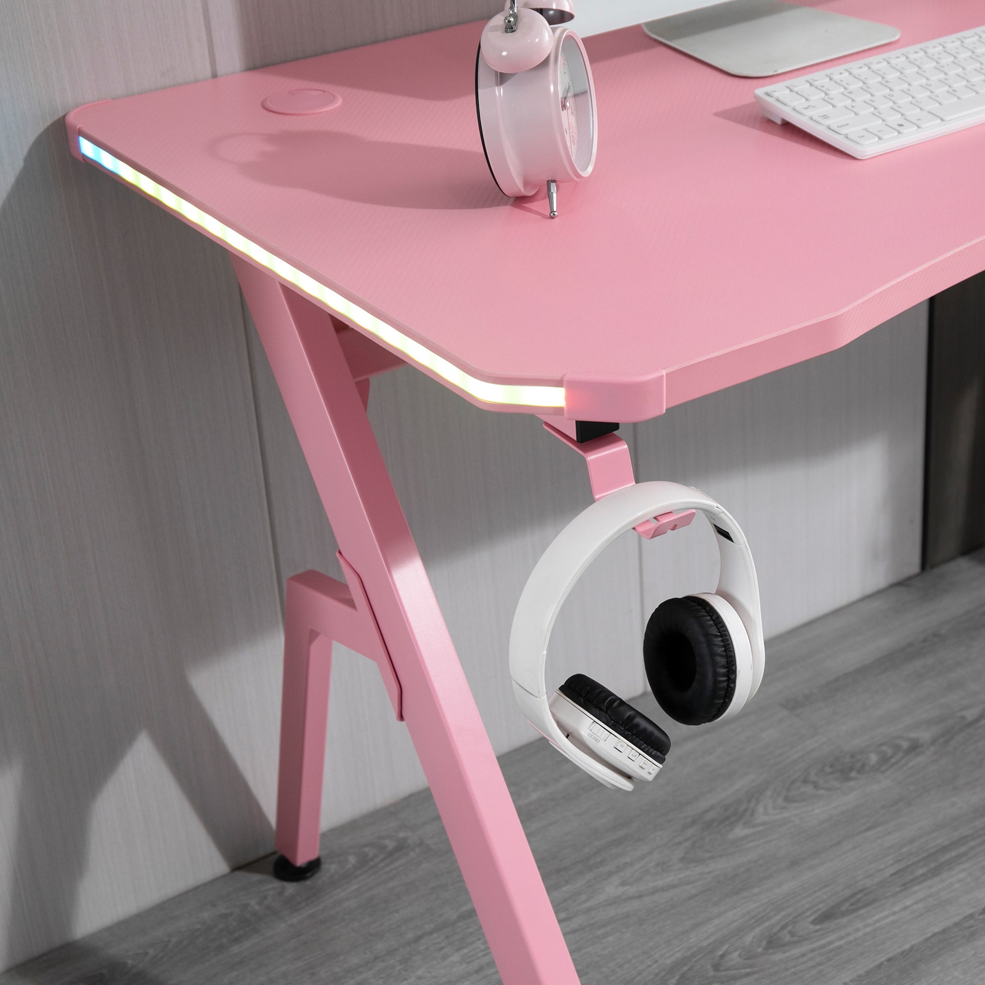 HOMCOM Gaming Desk Racing Style Home Office Ergonomic Computer Table Workstation with RGB LED Lights, Controller Rack & Cable Management, Pink