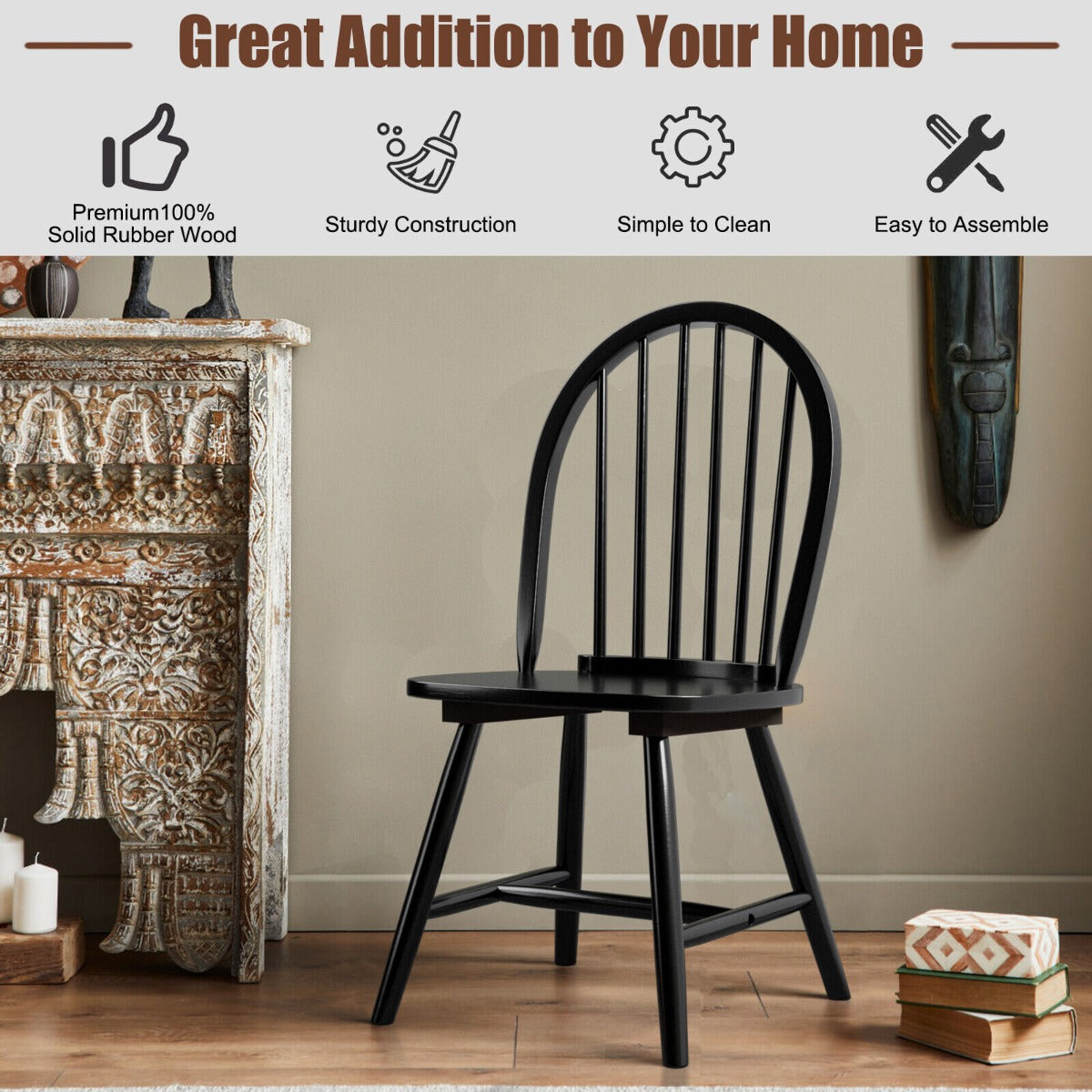 2 Piece Wooden Kitchen Dining chairs with High Spindle Back-Black