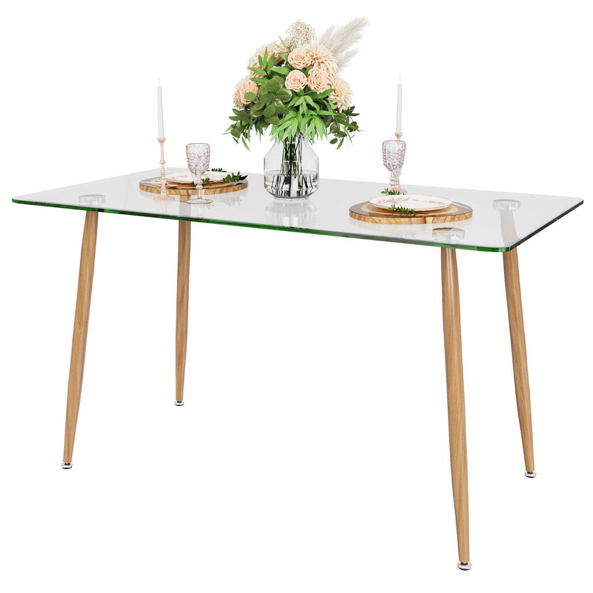 Glass Dining Table with Tempered Glass Table Top for Home Office-Natural