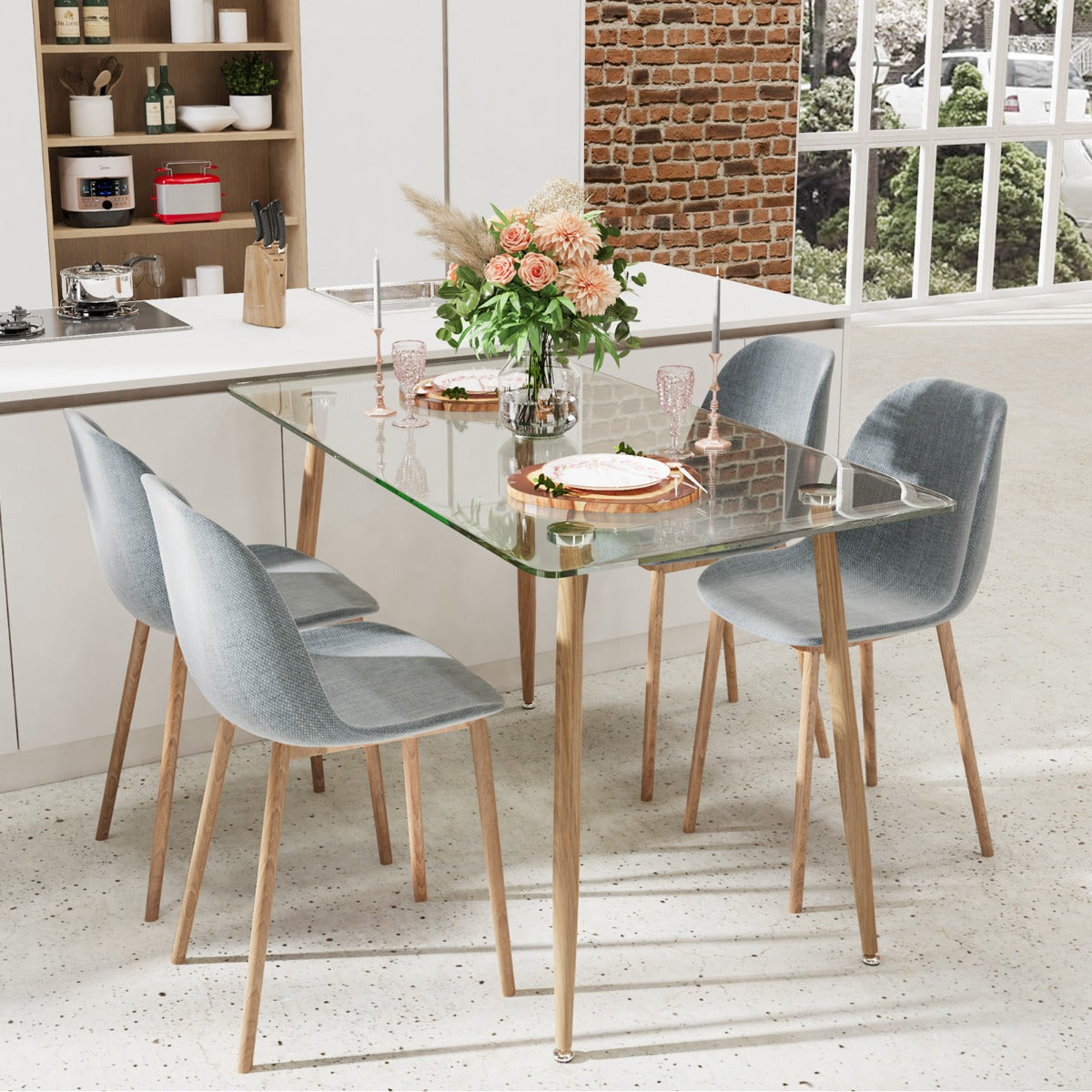 Glass Dining Table with Tempered Glass Table Top for Home Office-Natural