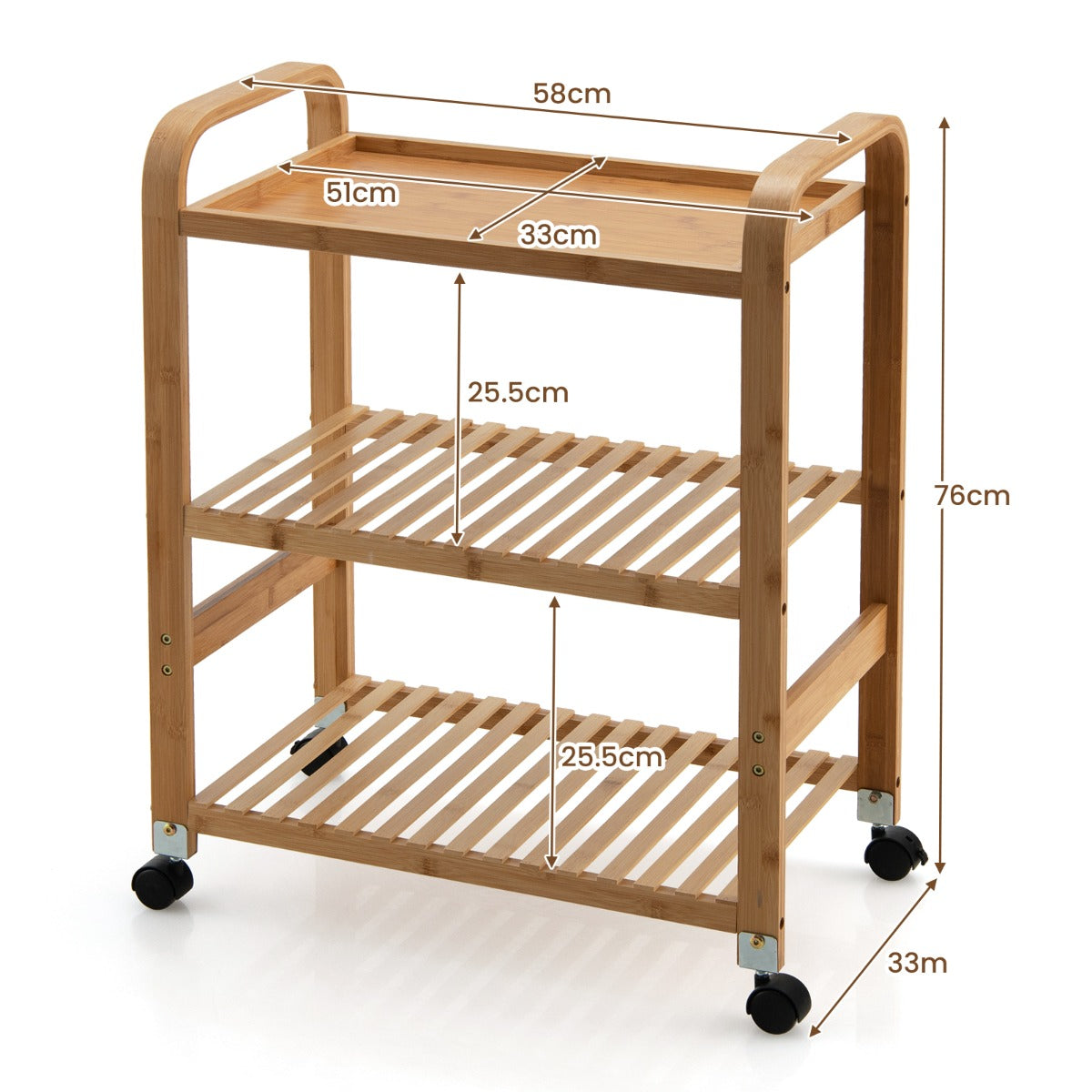 3-Tier Bamboo Rolling Storage Cart with Locking Casters-Natural
