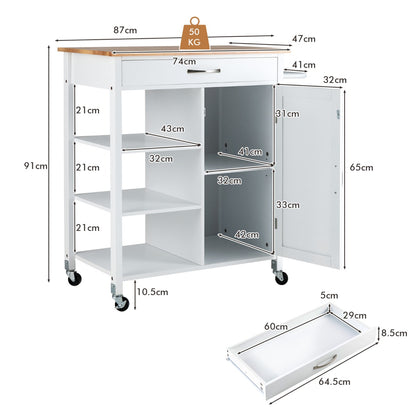 Movable Kitchen Island with 3-Tier Open Shelf-White
