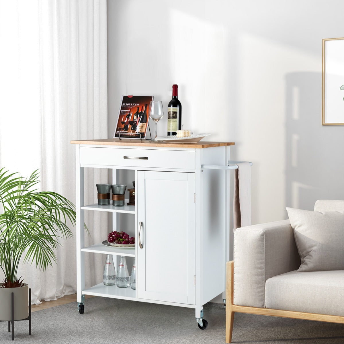 Movable Kitchen Island with 3-Tier Open Shelf-White