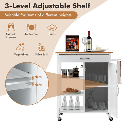 Movable Kitchen Island with 3-Tier Open Shelf-White