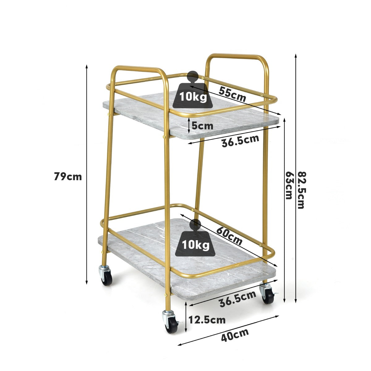 2-tier Kitchen Rolling Cart with with Steel Frame and Lockable Casters-Gray
