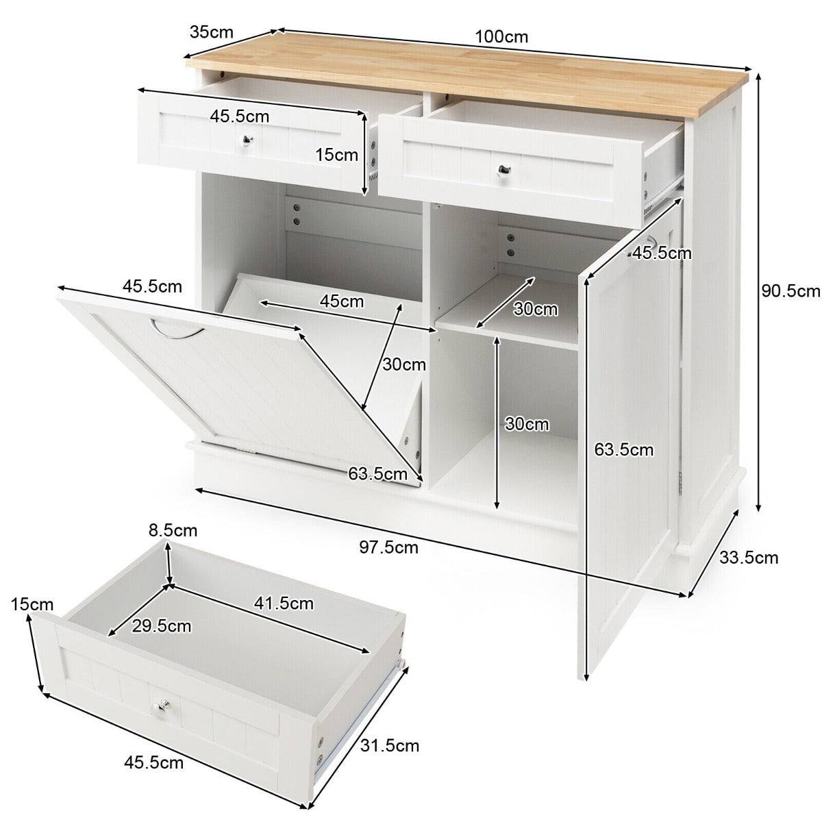 Kitchen Tilt-Out Trash Cabinet with 2 Drawers and Adjustable Shelves-White