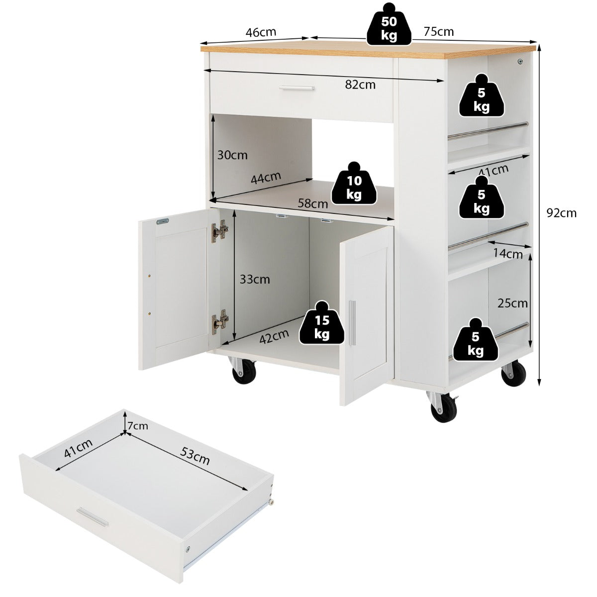 Rolling Kitchen Storage Trolley with Towel Bar Drawer and 2-Door Cabinet-White