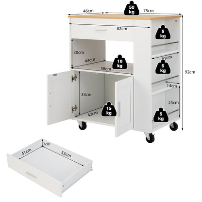 Rolling Kitchen Storage Trolley with Towel Bar Drawer and 2-Door Cabinet-White