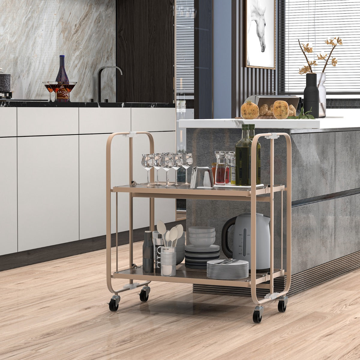 2-Tier Foldable Storage Cart with Tempered Glass Shelf-Golden