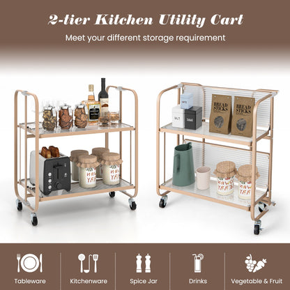 2-Tier Foldable Storage Cart with Tempered Glass Shelf-Golden