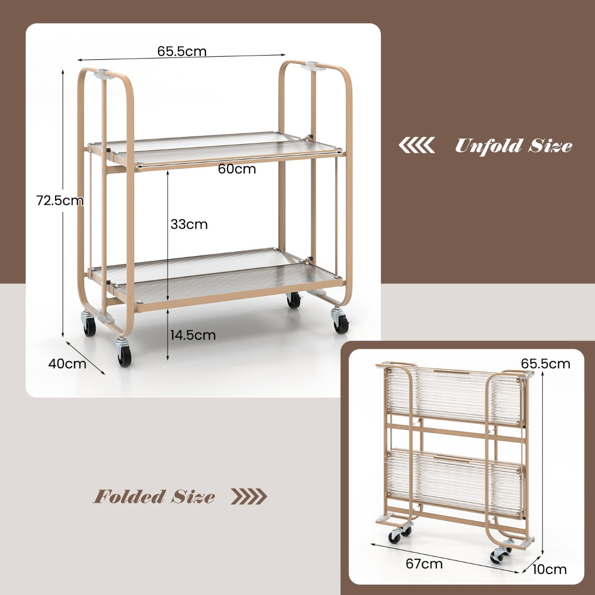 2-Tier Foldable Storage Cart with Tempered Glass Shelf-Golden