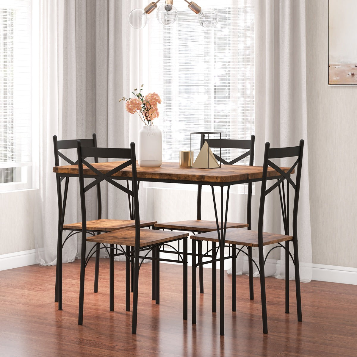 5-Piece Dining Table Set with Metal Frame-Brown