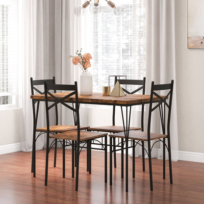5-Piece Dining Table Set with Metal Frame-Brown