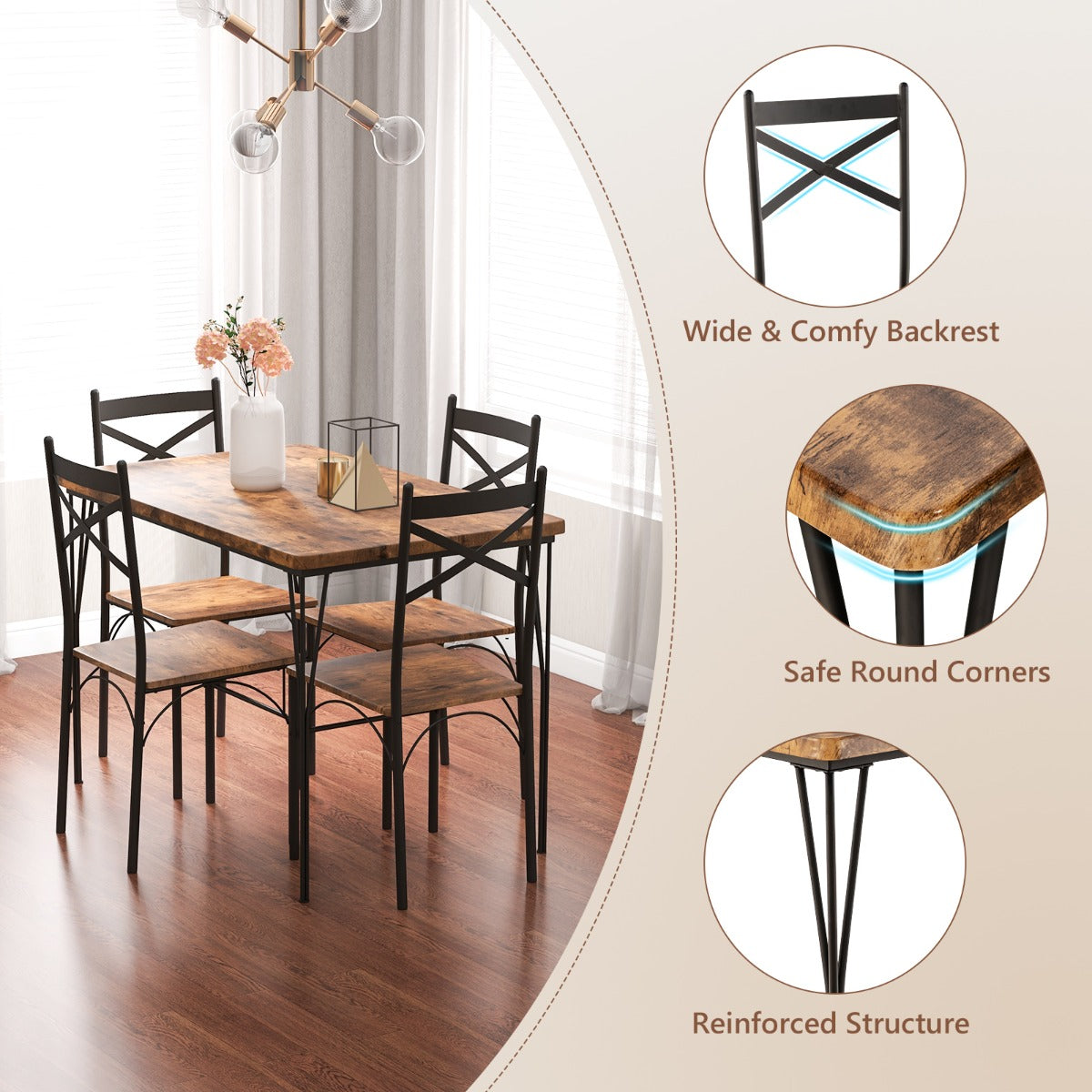 5-Piece Dining Table Set with Metal Frame-Brown
