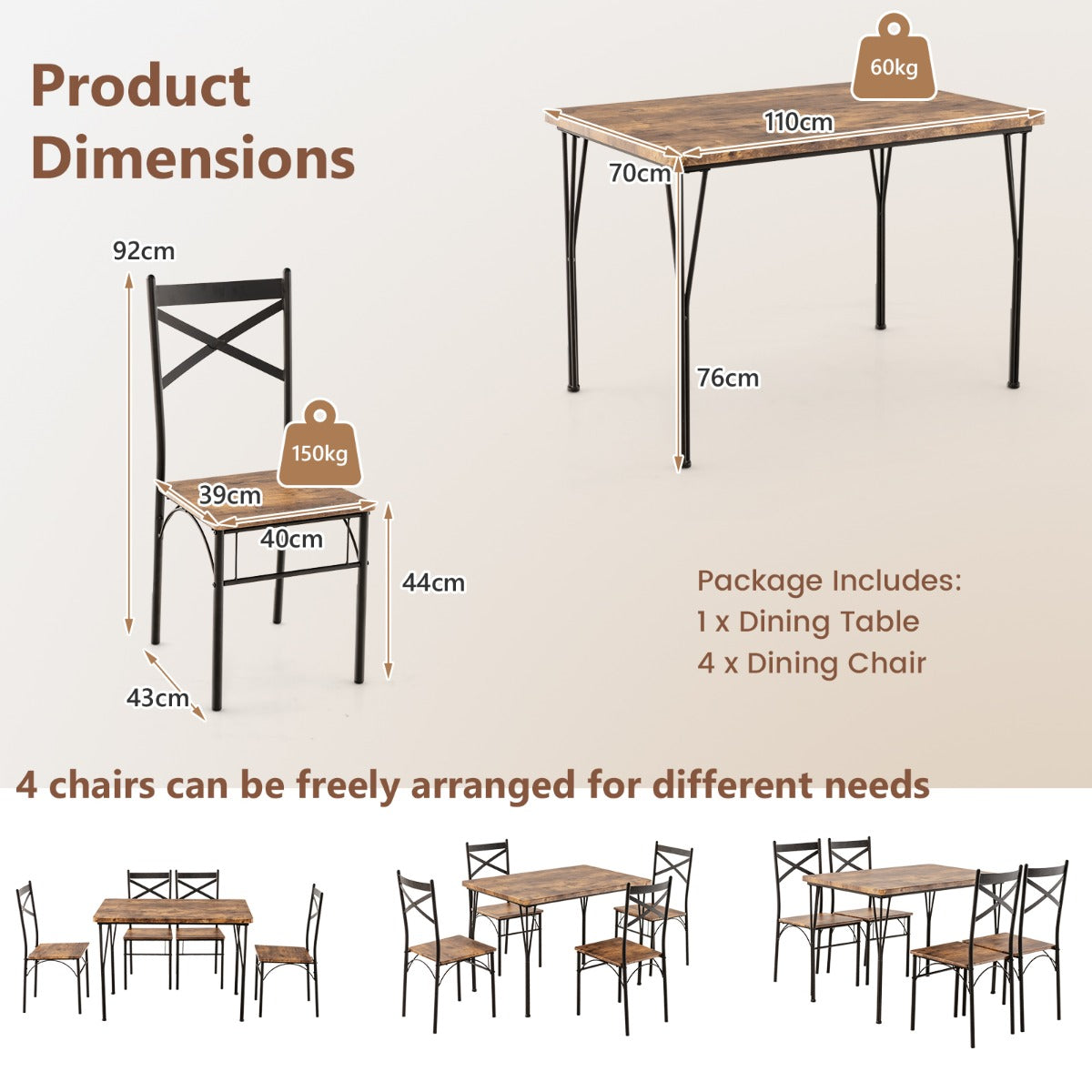 5-Piece Dining Table Set with Metal Frame-Brown