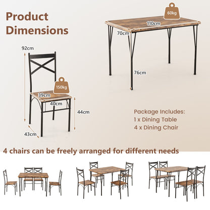 5-Piece Dining Table Set with Metal Frame-Brown