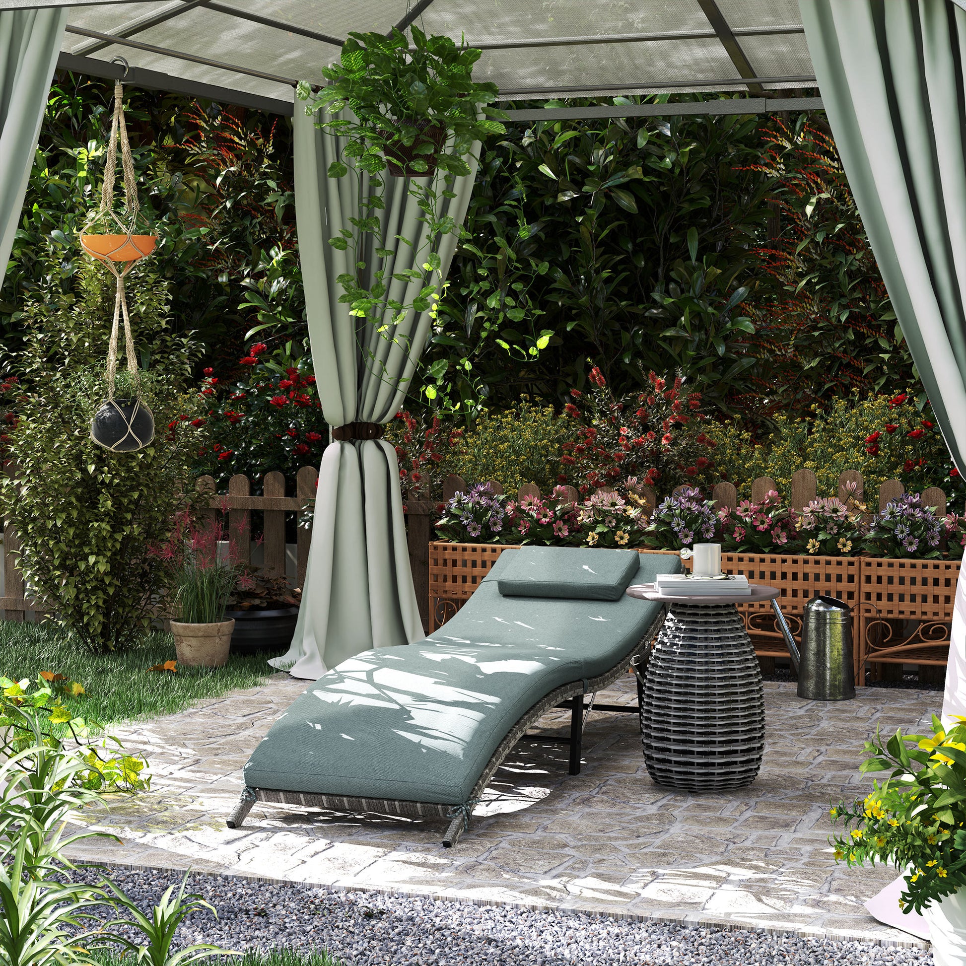 Outsunny Rattan Folding Sun Lounger Outdoor Chair with Cushion and Pillow Mixed Grey