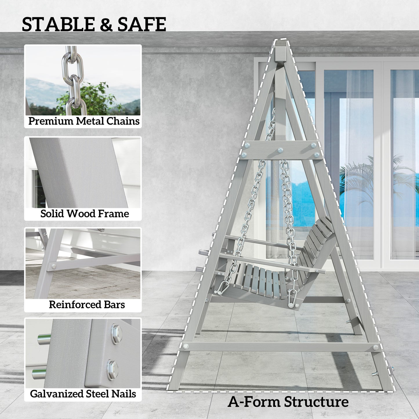 Outsunny 2 Seater Garden Swing Seat, Wooden Swing Chair Bench with Cup Holders for Outdoor Porch Patio, Grey