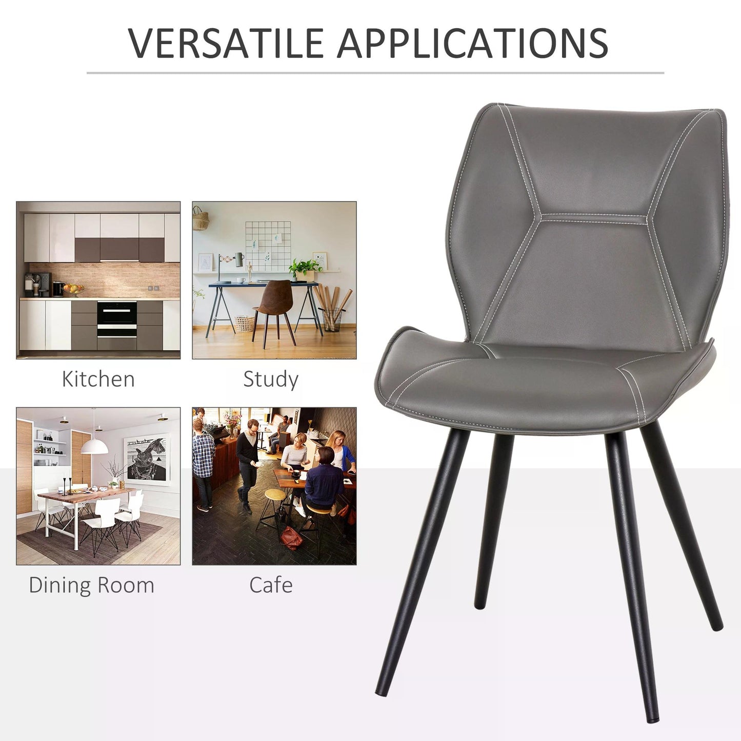 HOMCOM Set of 2 Contrast Stitched PU Leather Racing-Style Dining Chairs Accent Seat w/ Steel Legs Ergonomic Back Padding Home Living Room Grey