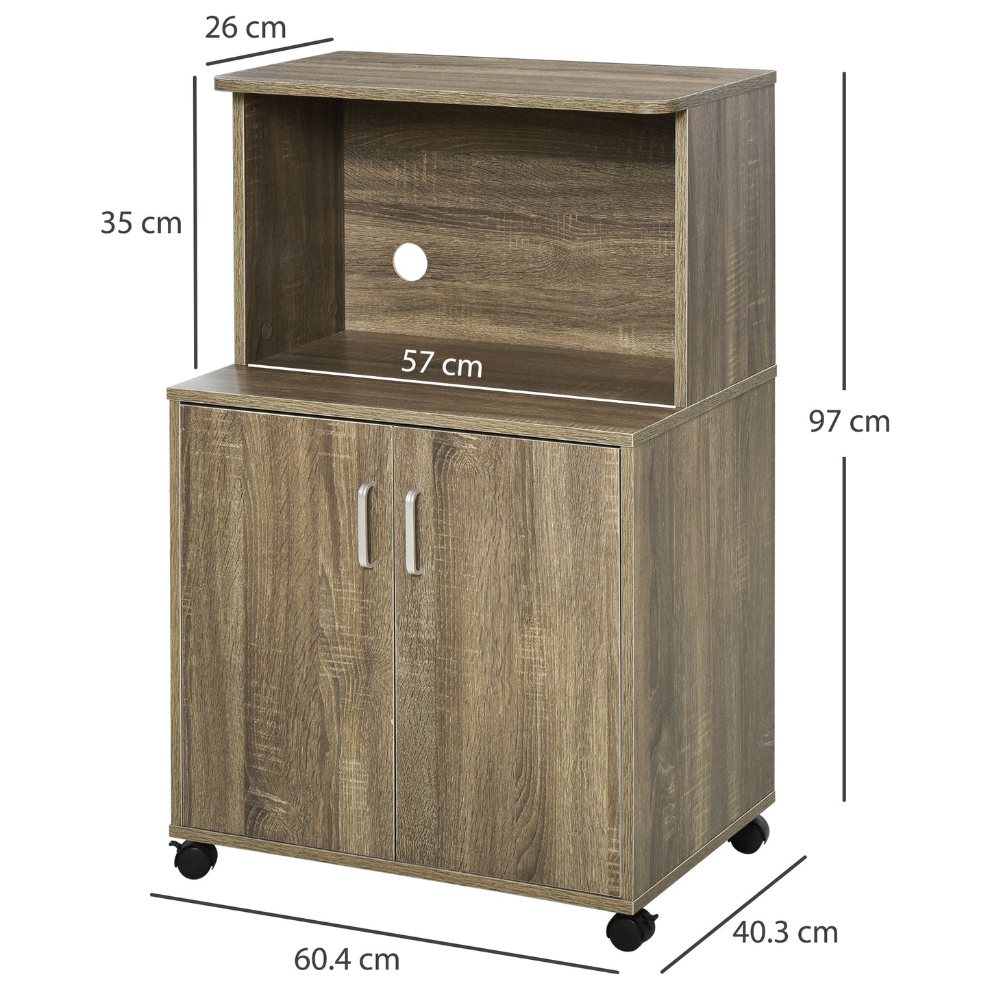 HOMCOM Microwave Cart on Wheels Utility Trolley Storage Sideboard Bookcase with 2-door Cabinet, 97H x 60.4W x 40.3Dcm, Grey