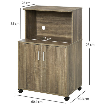 HOMCOM Microwave Cart on Wheels Utility Trolley Storage Sideboard Bookcase with 2-door Cabinet, 97H x 60.4W x 40.3Dcm, Grey