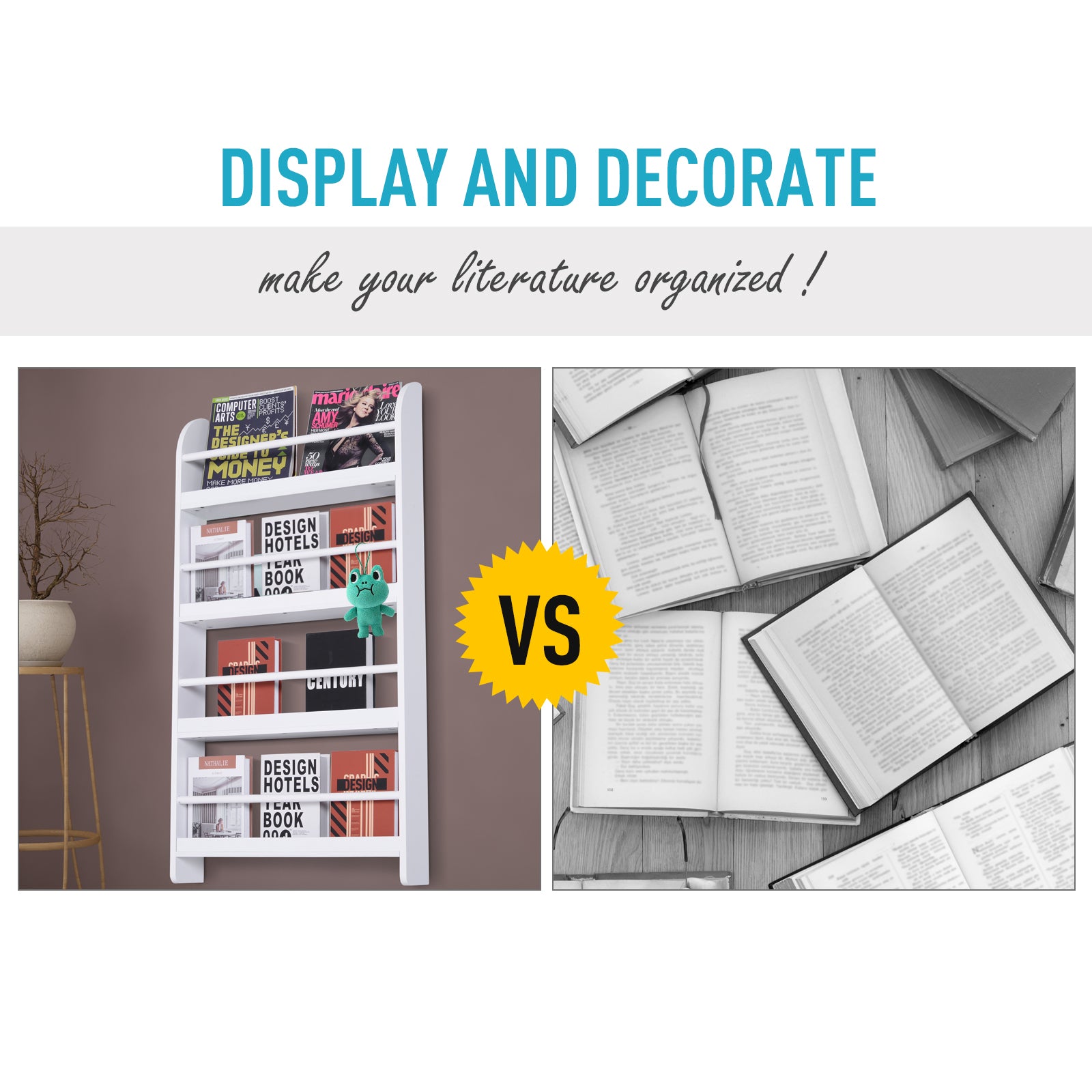 HOMCOM Wood Wall/Standing Magazine Holders Book Rack Shelf 4 Tiers Space Saving Design Water Resist Home Office Decoration