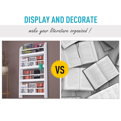 HOMCOM Wood Wall/Standing Magazine Holders Book Rack Shelf 4 Tiers Space Saving Design Water Resist Home Office Decoration