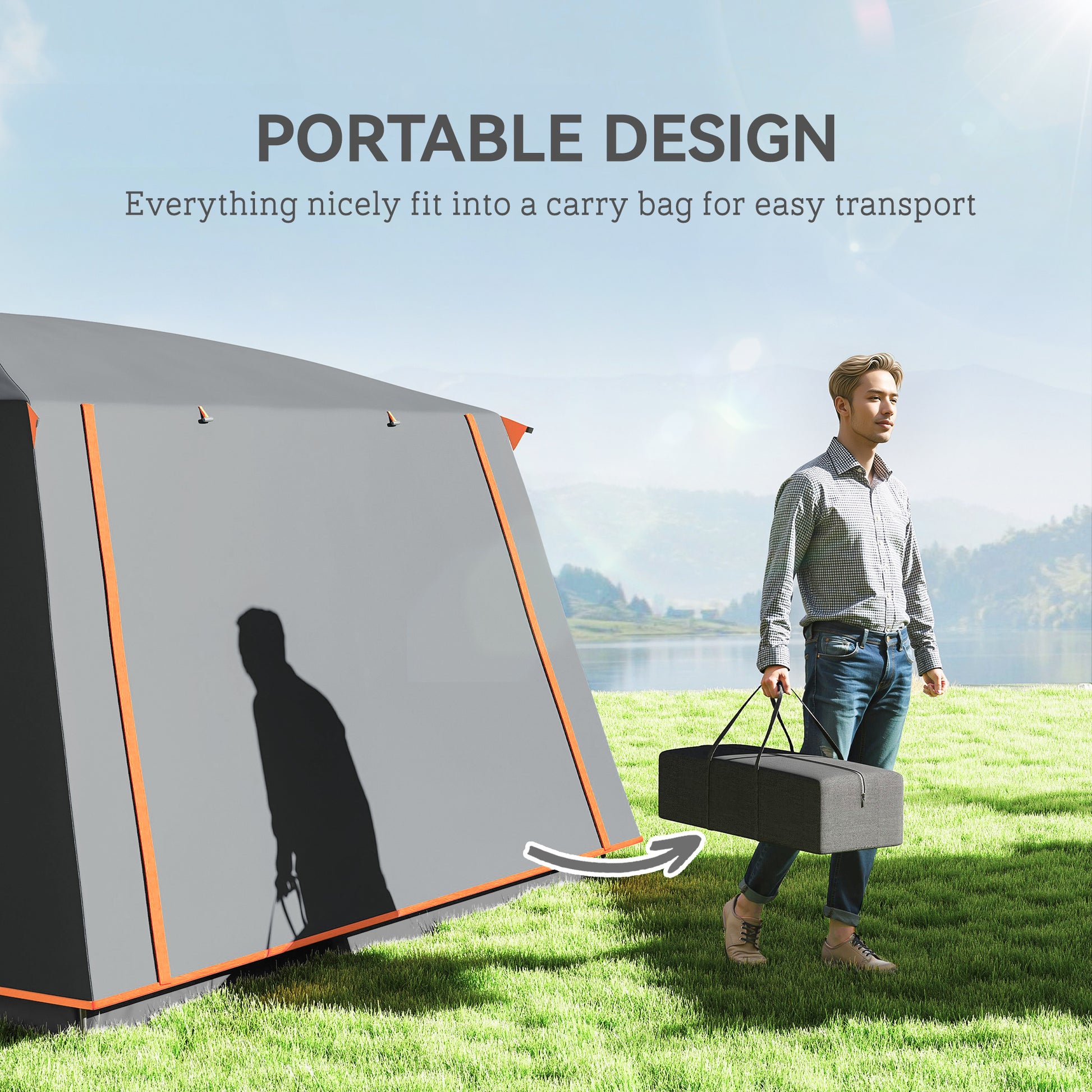 Outsunny 4-6 Man Camping Tent, Double Layer Tunnel Tent with Porch, Living Area and 2 Bedrooms, Sewn in Groundsheet, 3000mm Waterproof and UPF 30+, Portable with Bag, Grey