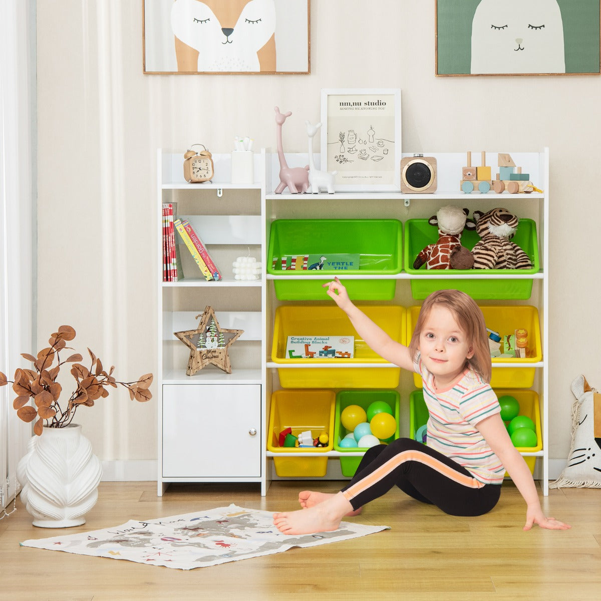 Kids Bookshelf Toy Storage Organizer with 8 Storage Boxes and 2 Open Shelves-White