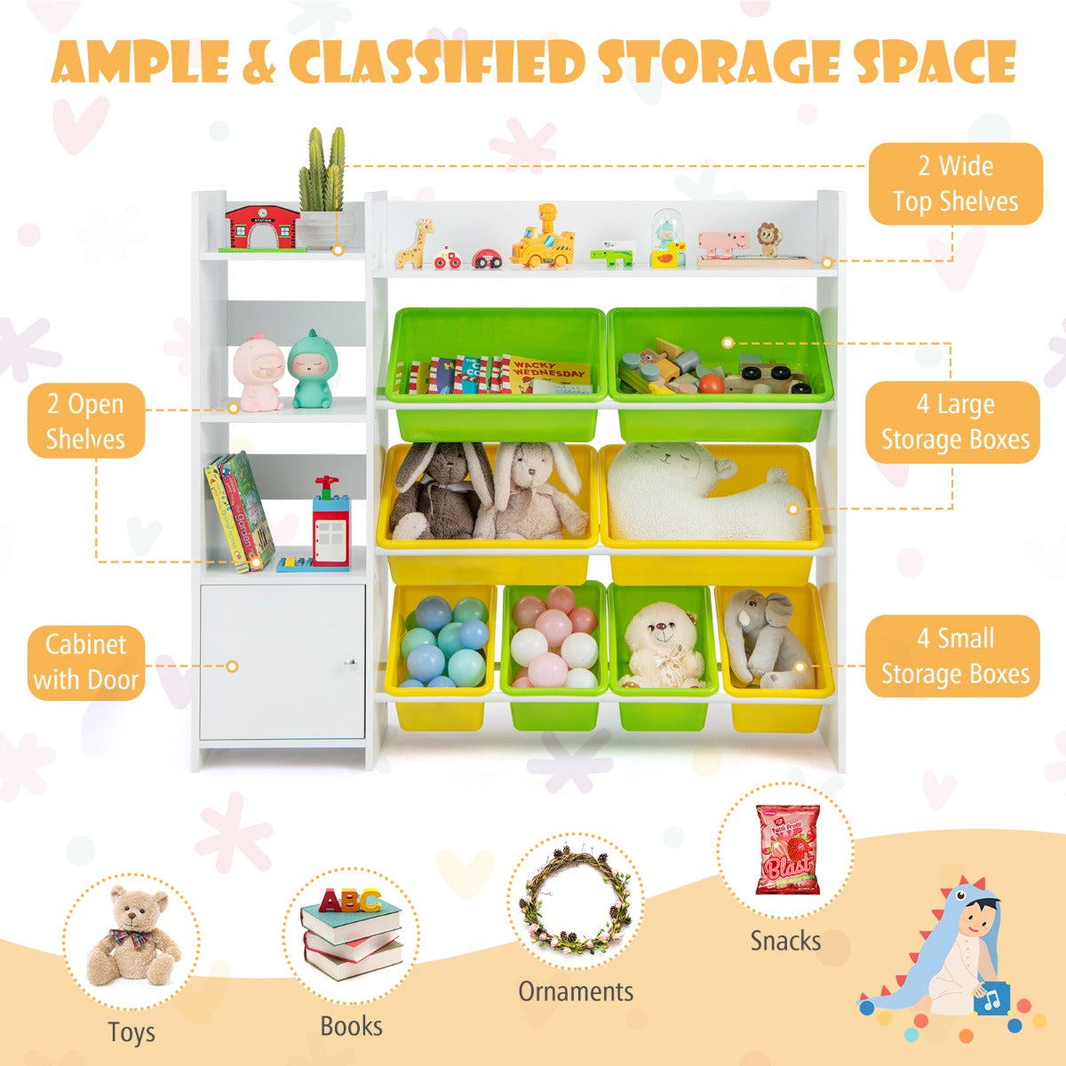 Kids Bookshelf Toy Storage Organizer with 8 Storage Boxes and 2 Open Shelves-White