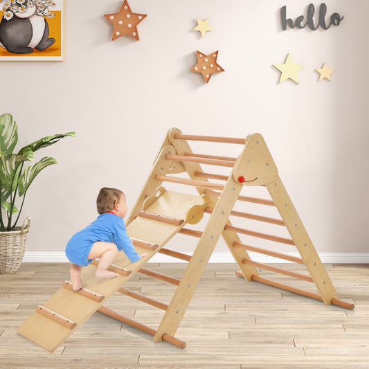 Kids Climbing Triangle Set with Adjustable and Reversible Ramp-Natural